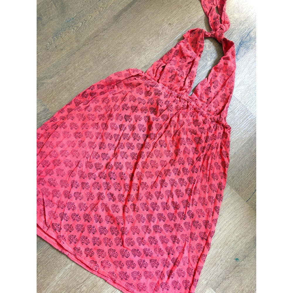 Vintage 70s Indian Boho Halter Mini Dress Tunic Coral Pink Deadstock O/S